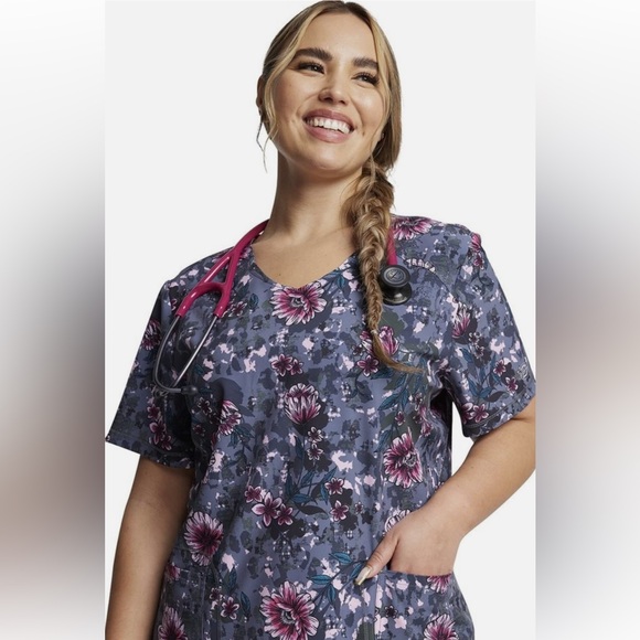 Dickies dynamix gray floral scrub top-Sz L - Picture 1 of 1